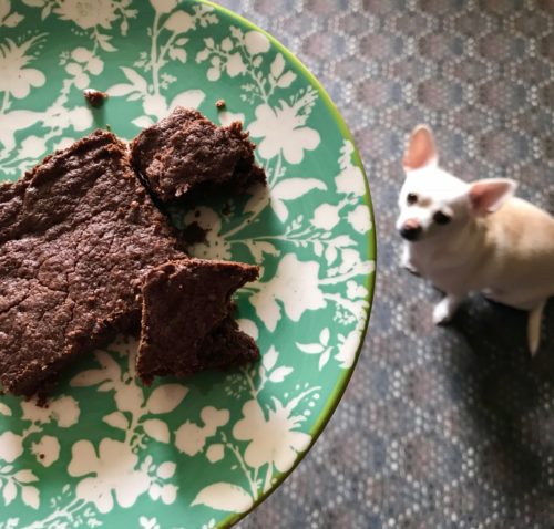 Penny looking at plate of brownies